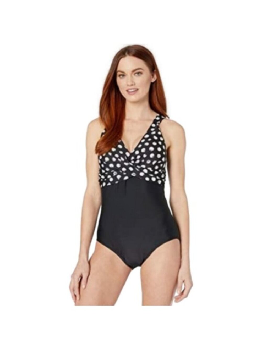 Maxine of Hollywood Dandelion Dot Drape Wrap Front Swimsuit, Black/White, 12